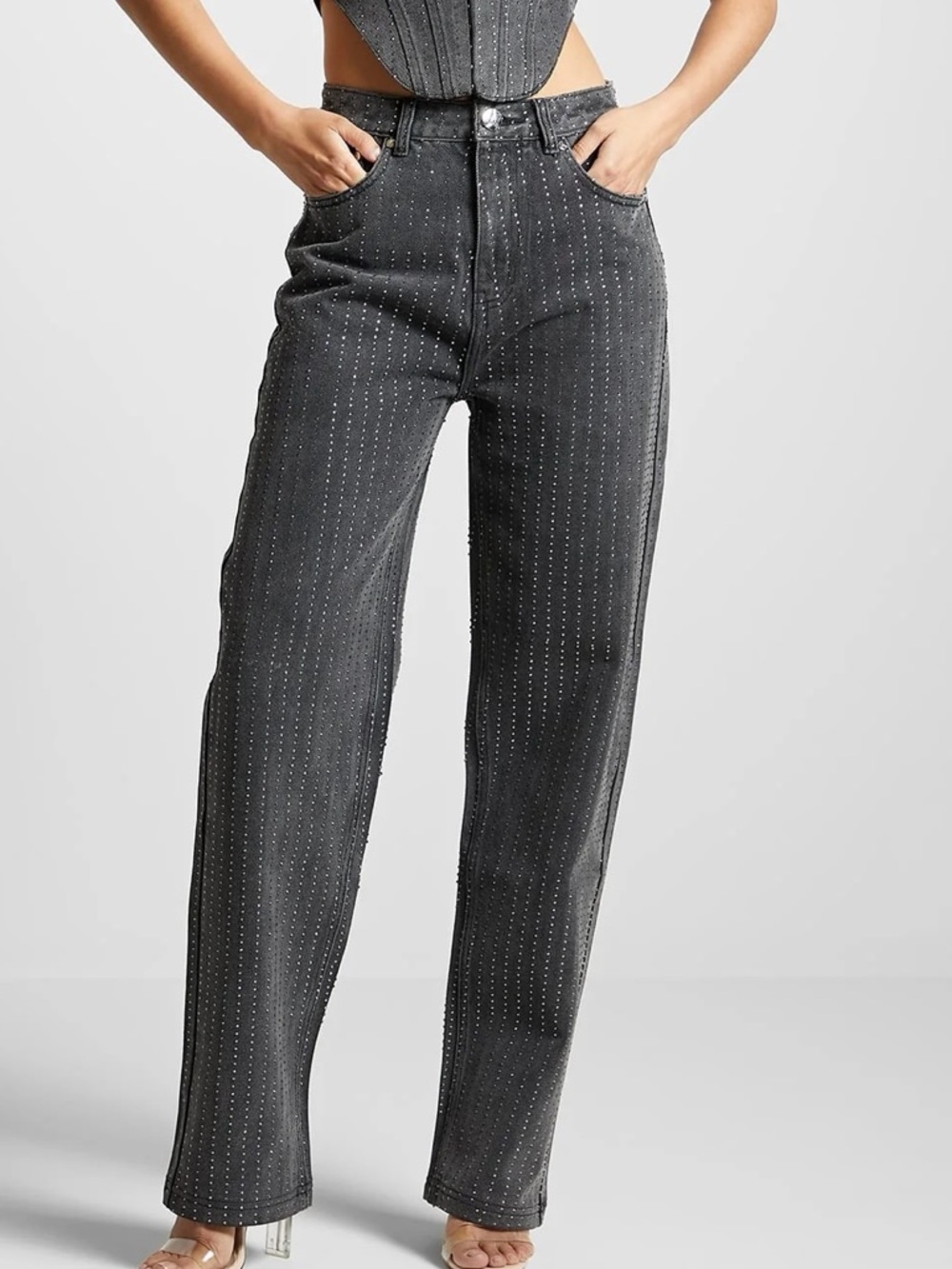 RHINESTONE MOM JEANS - WASHED GREY - US 8